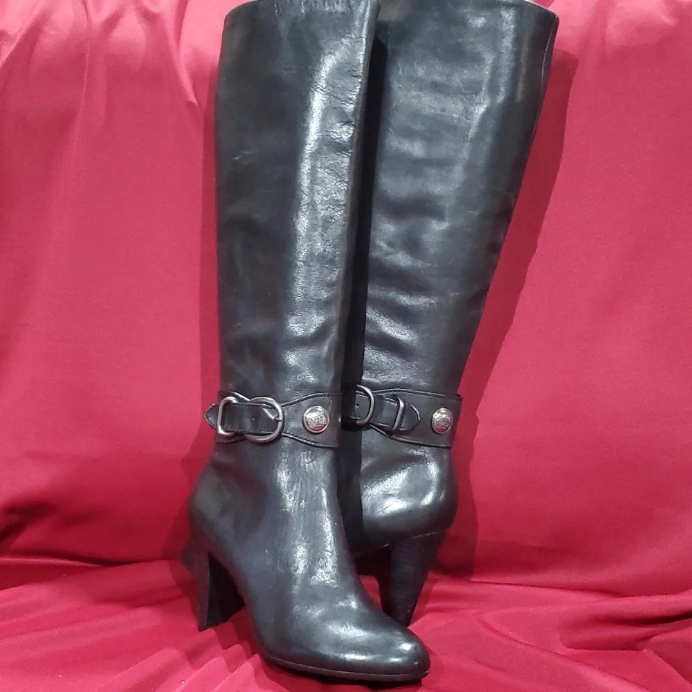 Coach tall heeled black leather silver hardware boots